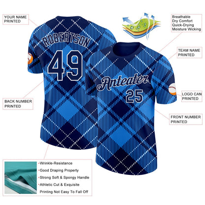 Custom Navy White-Powder Blue Scotland Plaid Performance T-Shirt
