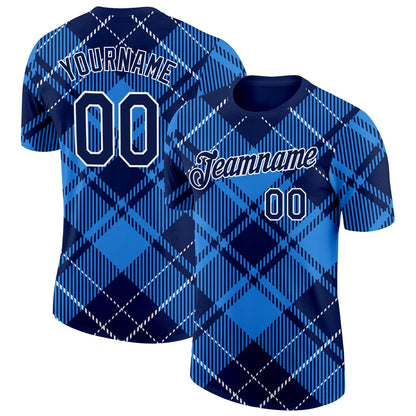 Custom Navy White-Powder Blue Scotland Plaid Performance T-Shirt