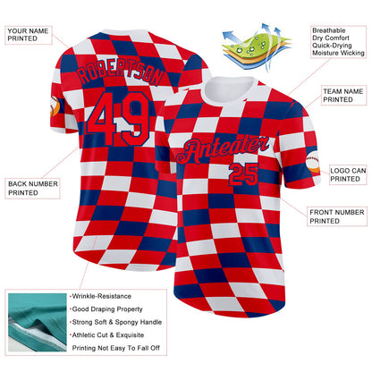 Custom White Fire Red-US Navy Blue Croatia Plaid Performance T-Shirt