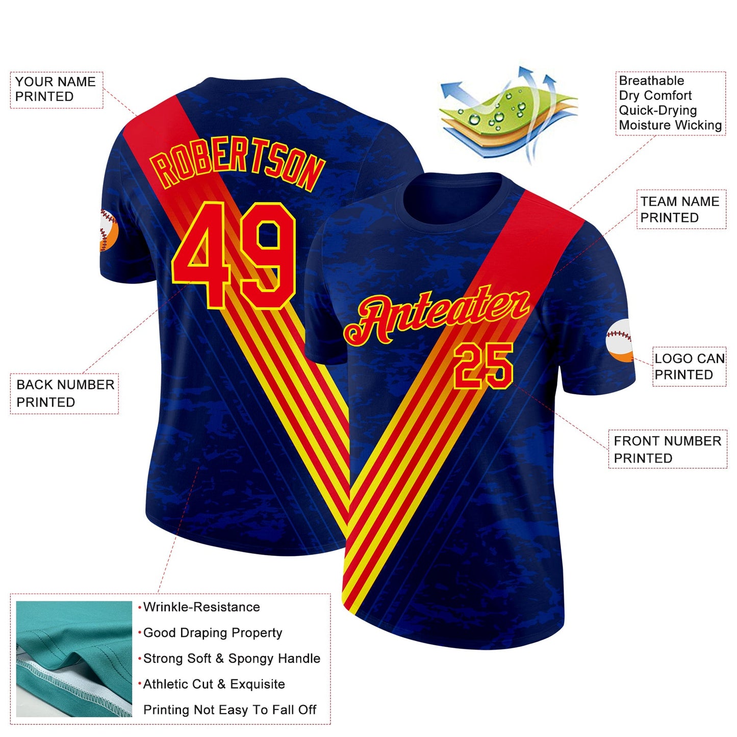 Custom Navy Fire Red-Light Yellow Spain Stripe Performance T-Shirt