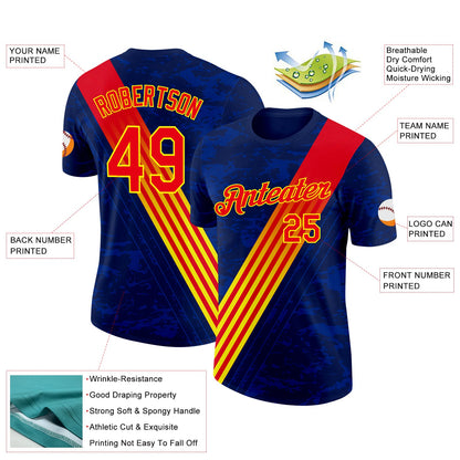 Custom Navy Fire Red-Light Yellow Spain Stripe Performance T-Shirt