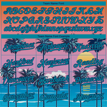Custom Orange Teal-Navy 3D Pattern Design Sun Beach Hawaii Palm Trees Authentic Baseball Jersey