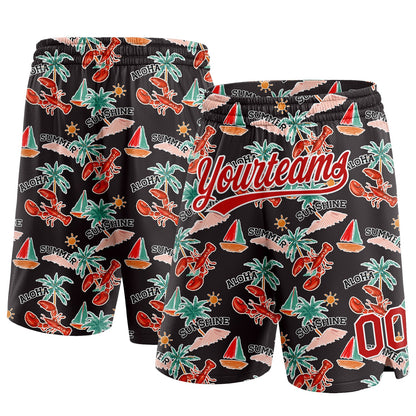 Custom Black Red-White 3D Pattern Sun Beach Hawaii Palm Trees And Lobster Authentic Basketball Shorts