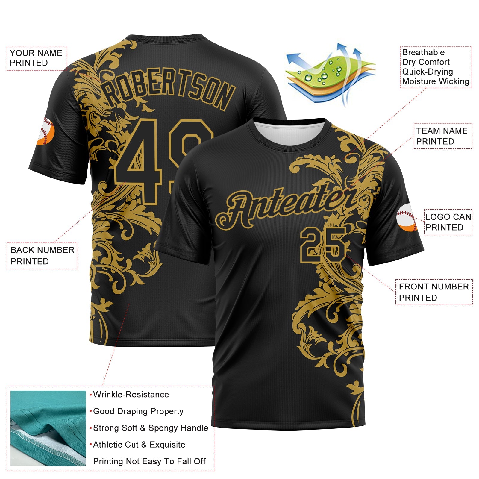 Custom Black-Old Gold Baroque Rococo Floral Scrollwork Performance T-Shirt