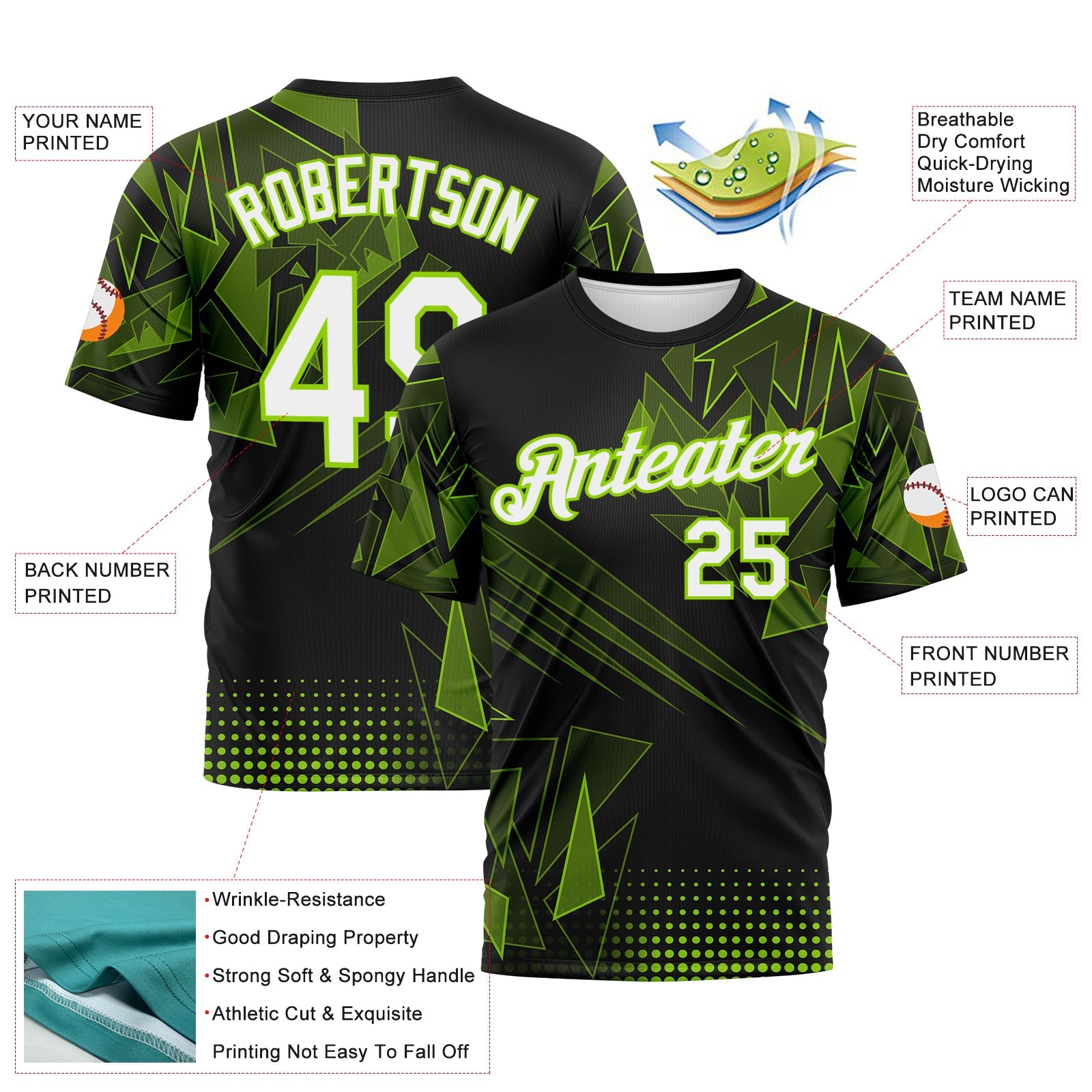 Custom Neon Green White-Black Abstract Geometric Shattered Angular Performance T-Shirt