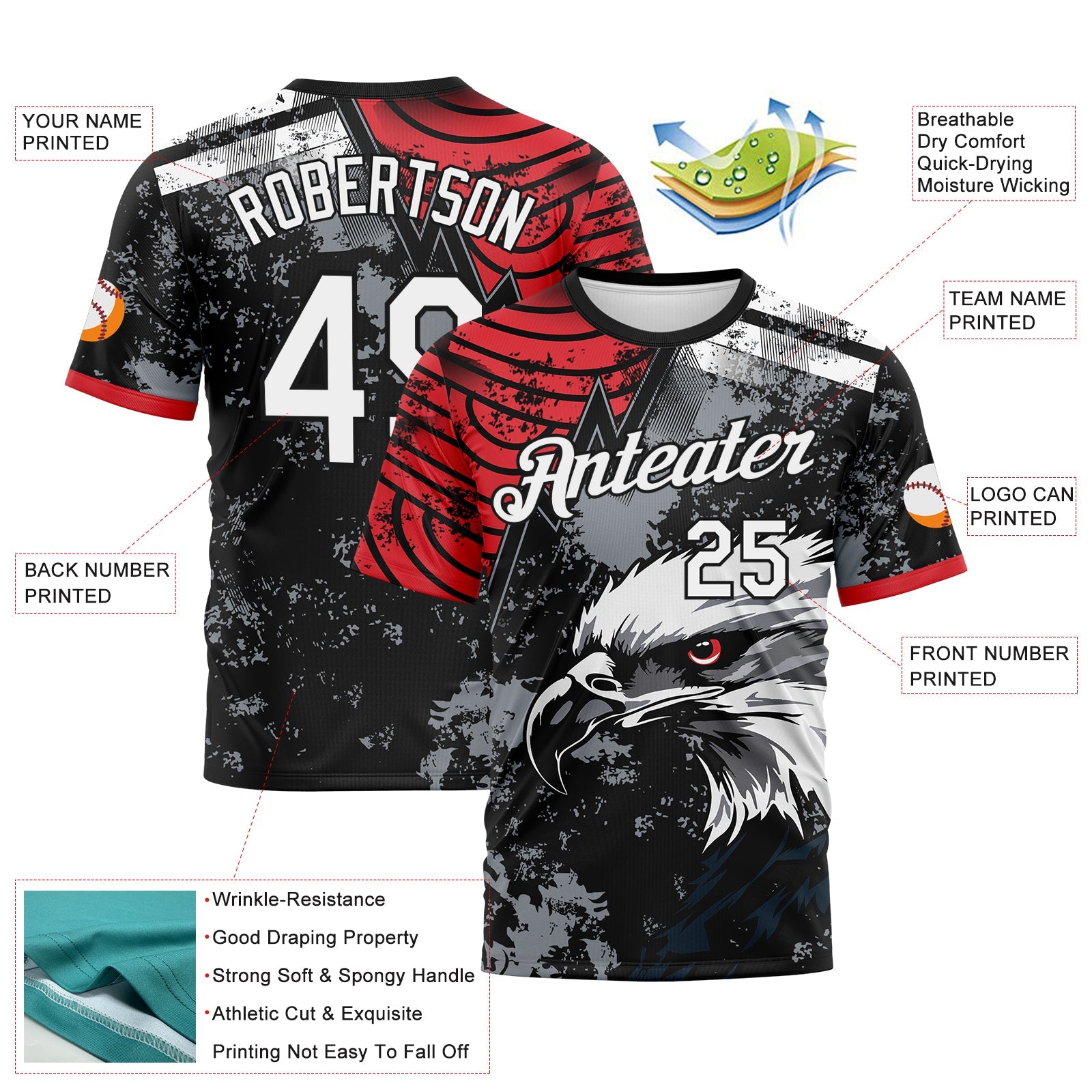 Custom Red White-Black Aguila Eagle Grunge Style Performance T-Shirt