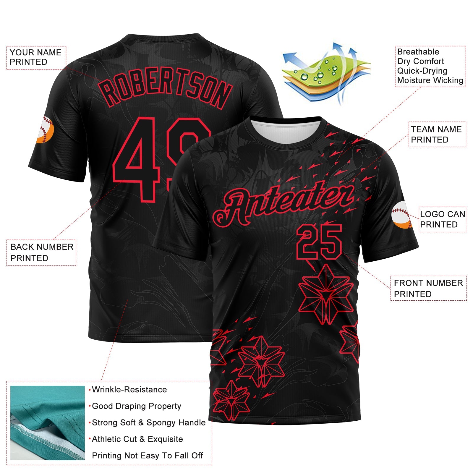 Custom Black-Fire Red Geometric Star Smoke Effect Performance T-Shirt