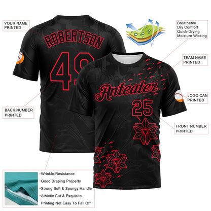 Custom Black-Fire Red Geometric Star Smoke Effect Performance T-Shirt