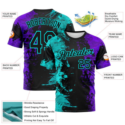 Custom Aqua Black-Purple Ink Splash Duotono Style Performance T-Shirt