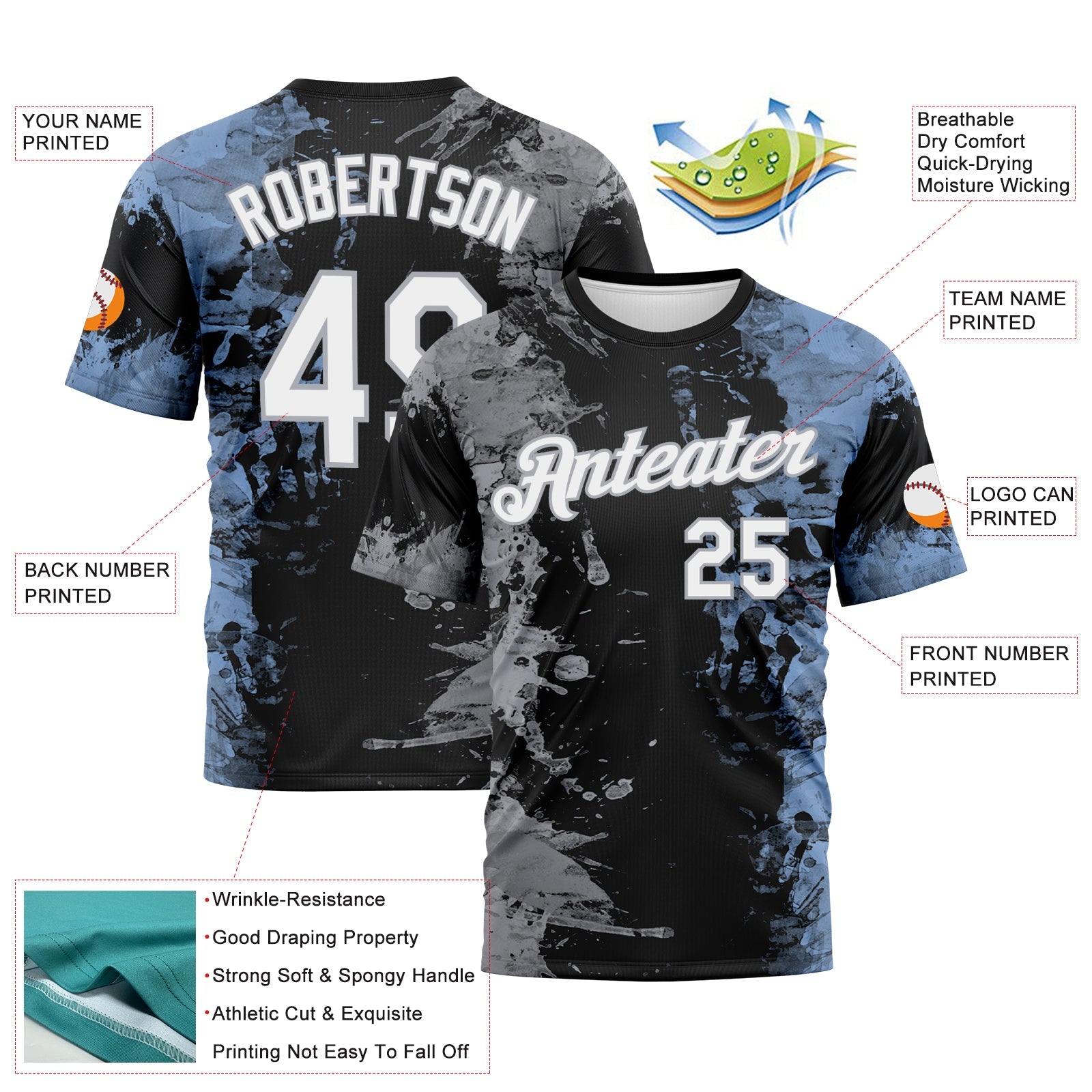 Custom Gray White Black-Light Blue Ink Splash Duotono Style Performance T-Shirt