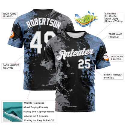 Custom Gray White Black-Light Blue Ink Splash Duotono Style Performance T-Shirt