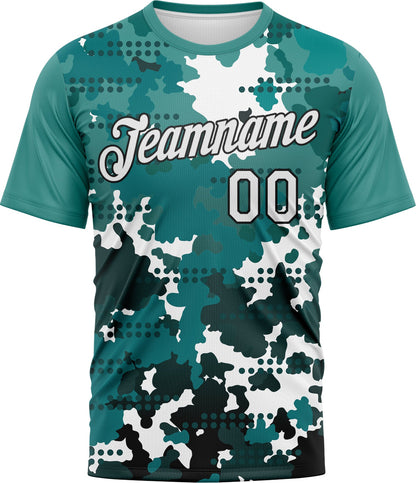 Custom White Teal-Black Camouflage Performance T-Shirt