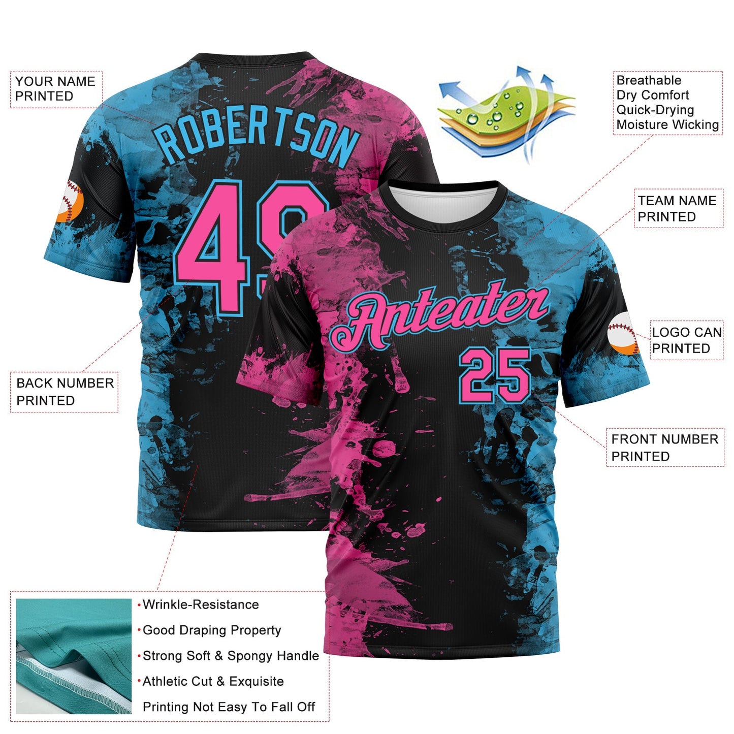 Custom Pink Black-Sky Blue Ink Splash Duotono Style Performance T-Shirt