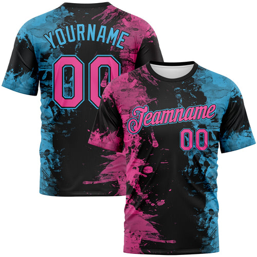 Custom Pink Black-Sky Blue Ink Splash Duotono Style Performance T-Shirt