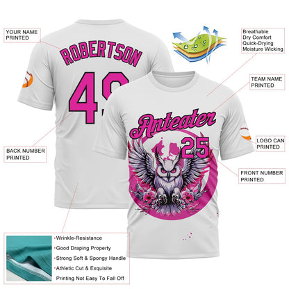 Custom White Deep Pink-Black Animal Owl Mascot Splatter Streetwear Style Performance T-Shirt