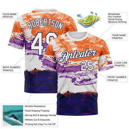 Custom Orange White Purple-Navy Distressed Abstract Paint Stroke Performance T-Shirt