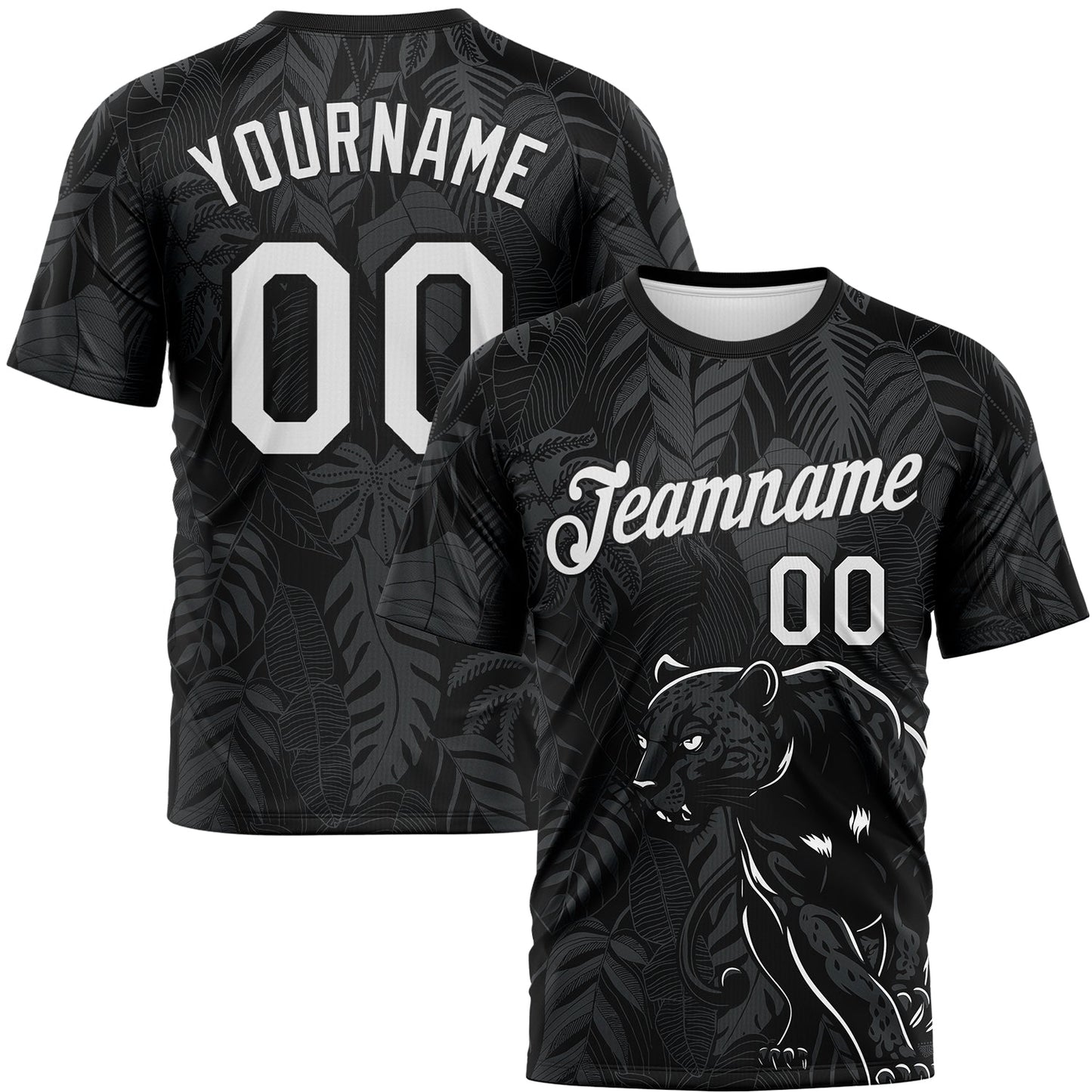 Custom Black White-Gray Animal Panther Mascot Tropical Leaves Performance T-Shirt