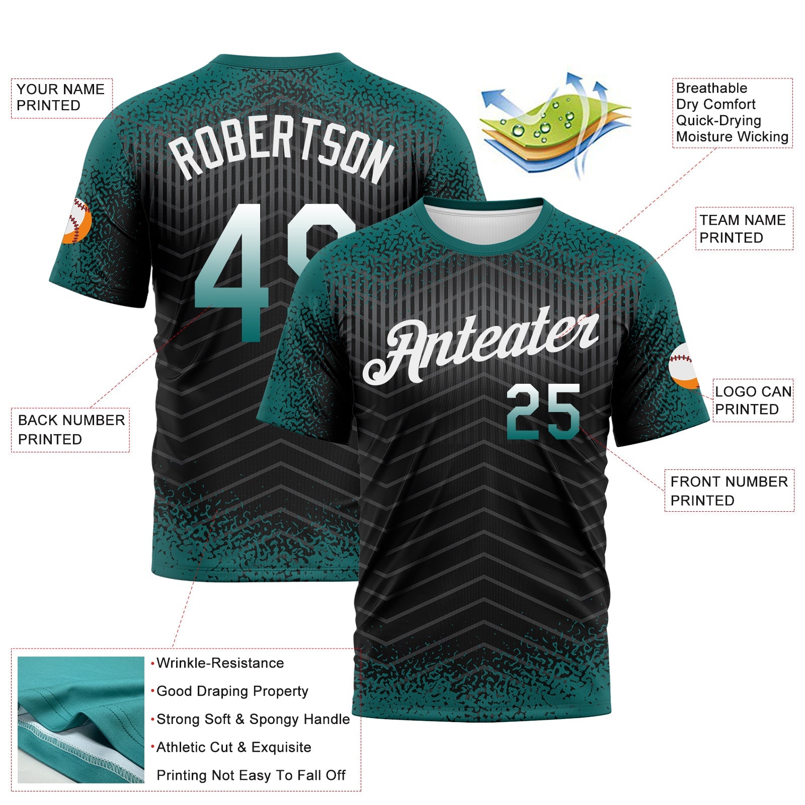 Custom Teal Black-White Gradient Speckle Geometric Sportswear Performance T-Shirt