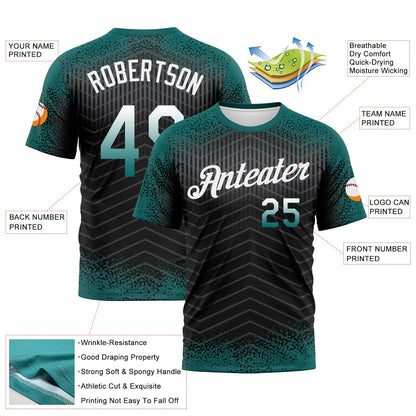 Custom Teal Black-White Gradient Speckle Geometric Sportswear Performance T-Shirt