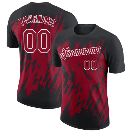 Custom Black Crimson-White Torn Sharp Brush Stroke Splatter Performance T-Shirt