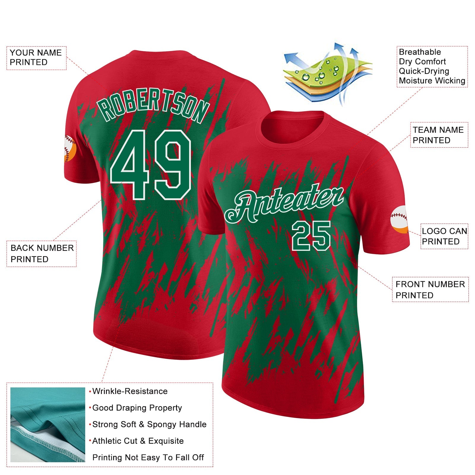 Custom Red Kelly Green-White Torn Sharp Brush Stroke Splatter Performance T-Shirt