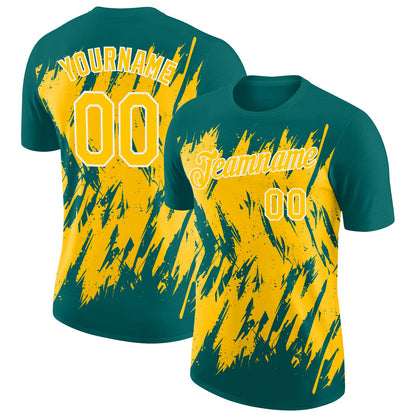 Custom Teal Yellow-White Torn Sharp Brush Stroke Splatter Performance T-Shirt