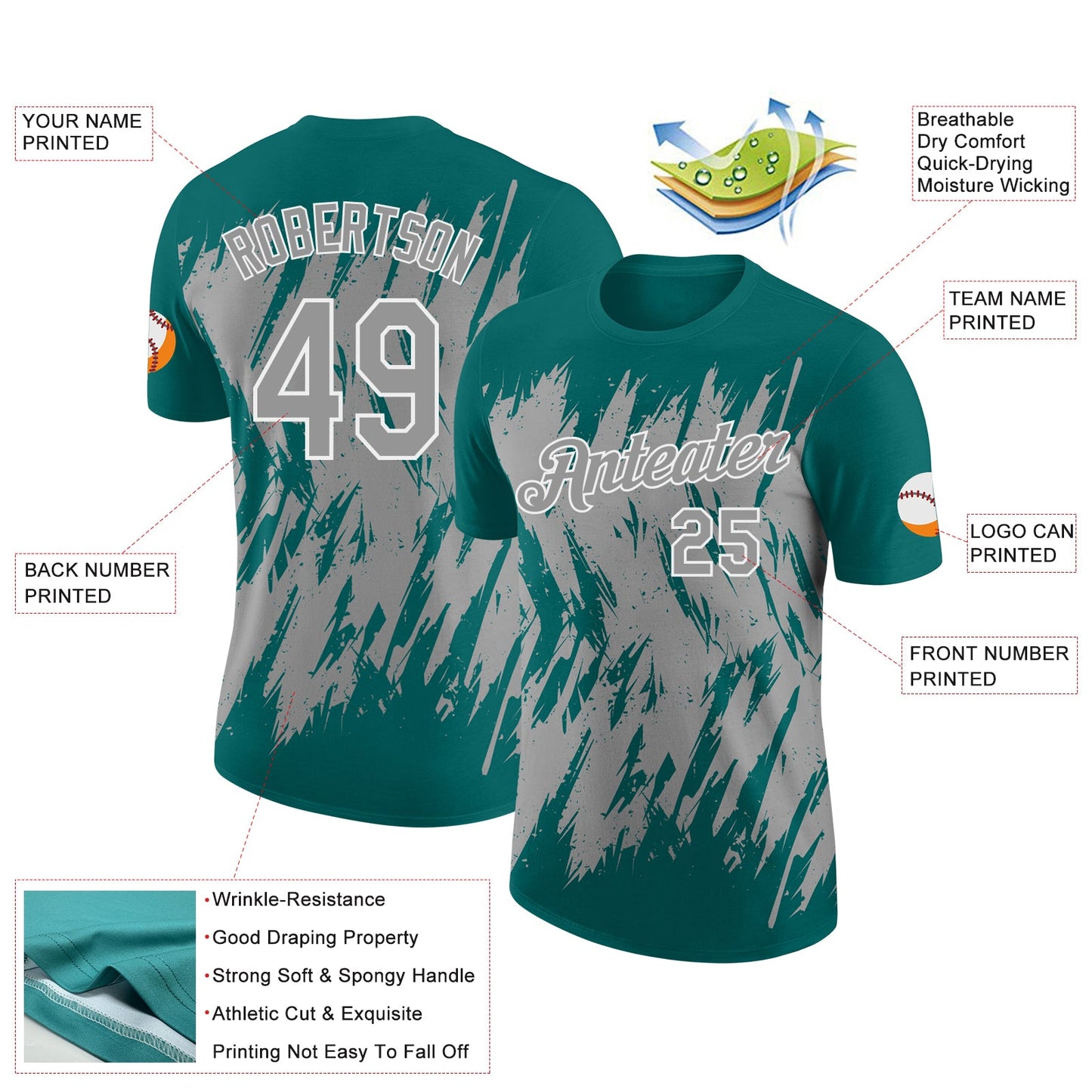 Custom Teal Gray-White Torn Sharp Brush Stroke Splatter Performance T-Shirt