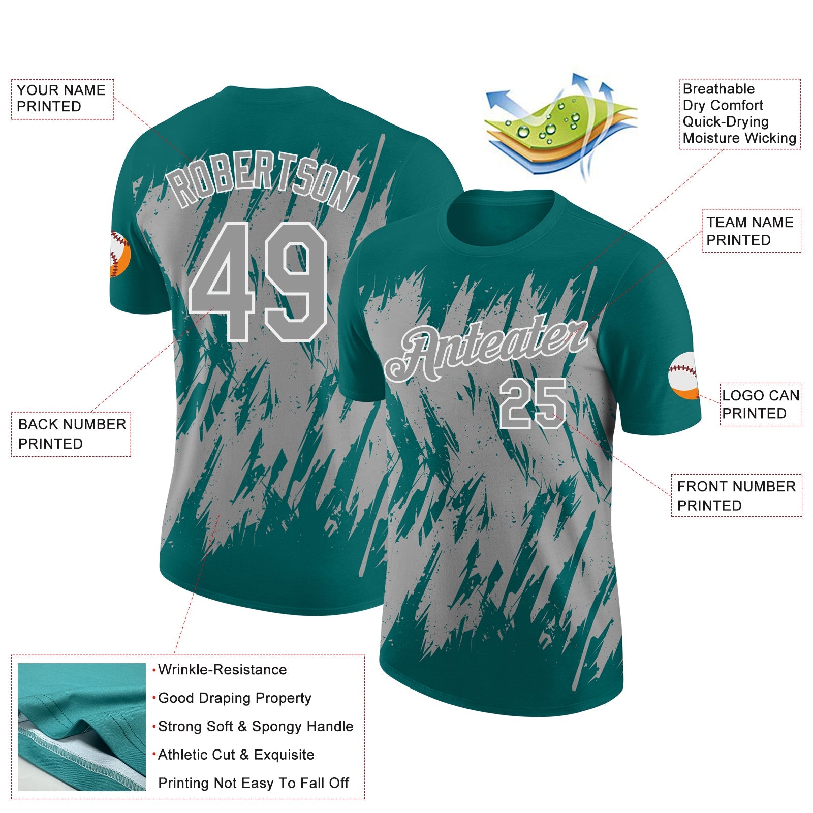 Custom Teal Gray-White Torn Sharp Brush Stroke Splatter Performance T-Shirt