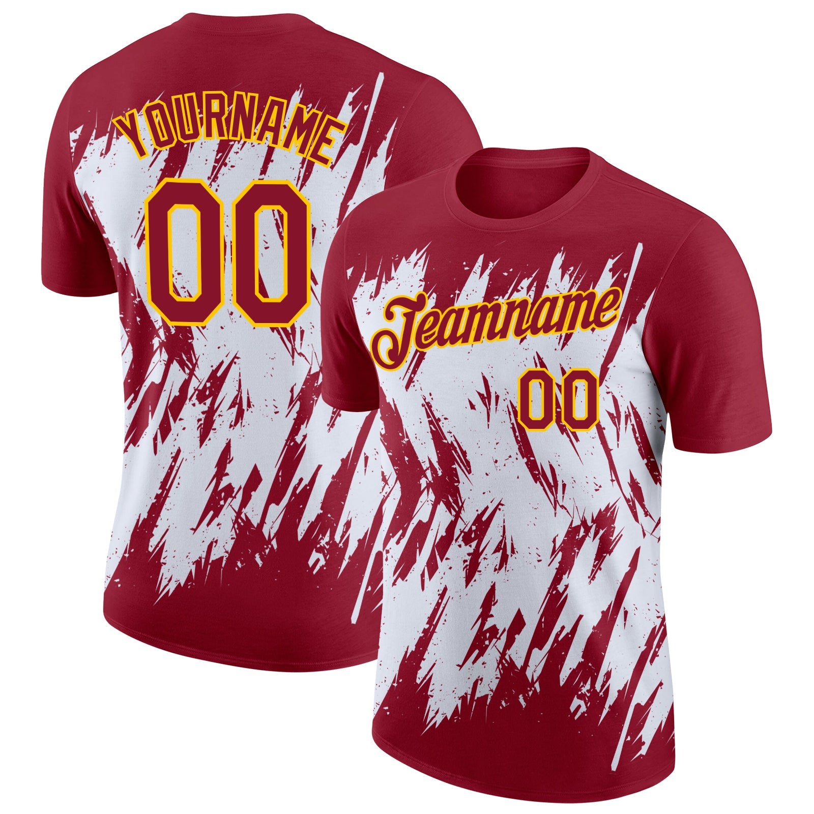 Custom Crimson White-Yellow Torn Sharp Brush Stroke Splatter Performance T-Shirt