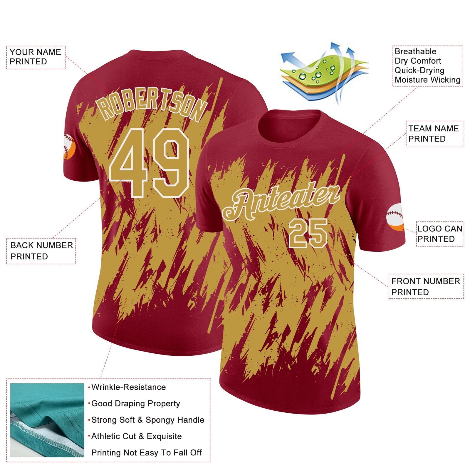 Custom Crimson Old Gold-White Torn Sharp Brush Stroke Splatter Performance T-Shirt