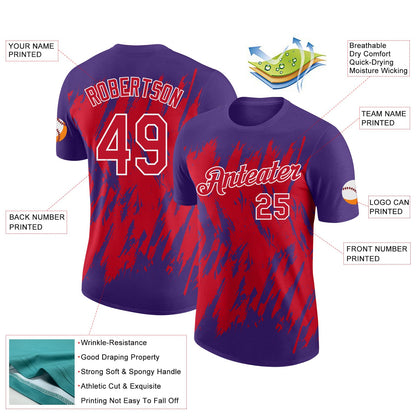 Custom Purple Red-White Torn Sharp Brush Stroke Splatter Performance T-Shirt