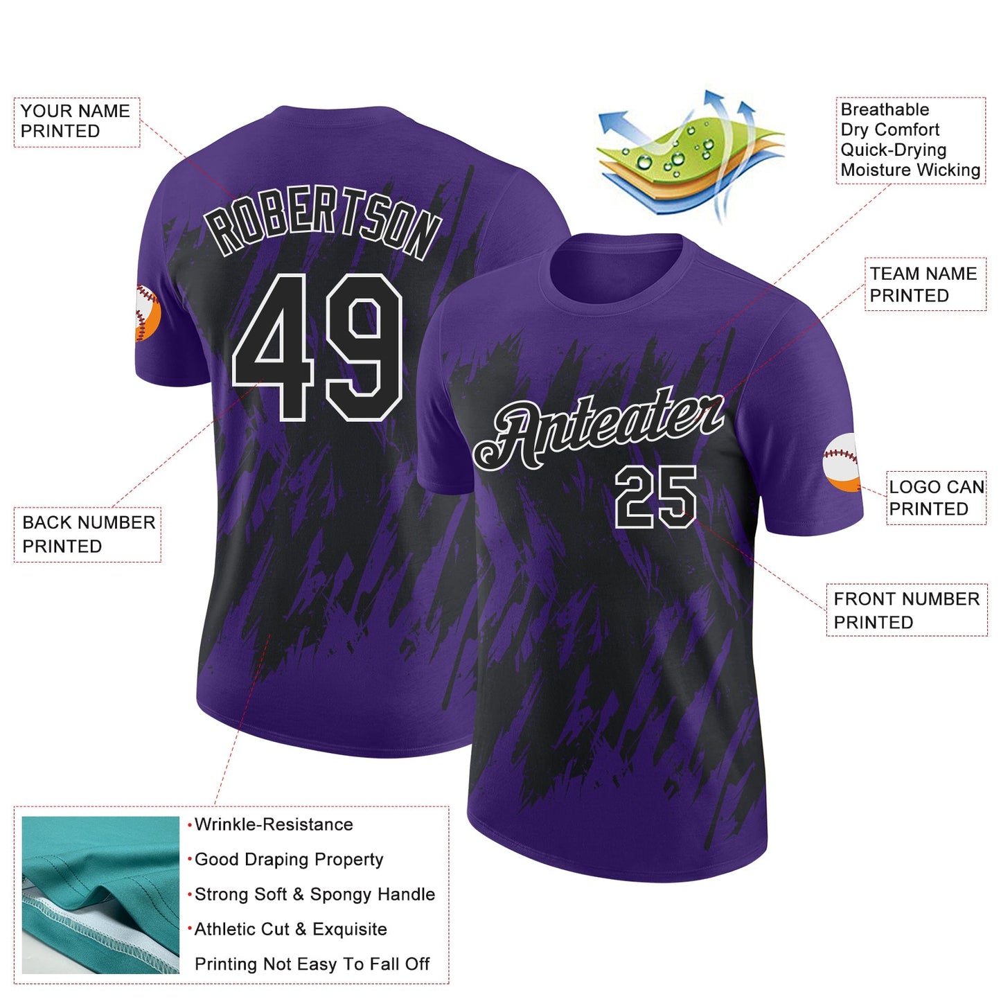 Custom Purple Black-White Torn Sharp Brush Stroke Splatter Performance T-Shirt