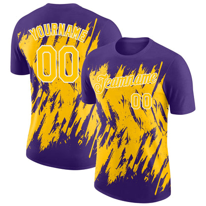 Custom Purple Yellow-White Torn Sharp Brush Stroke Splatter Performance T-Shirt
