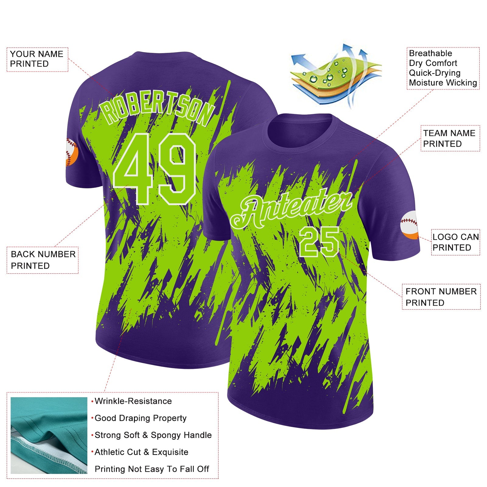 Custom Purple Neon Green-White Torn Sharp Brush Stroke Splatter Performance T-Shirt