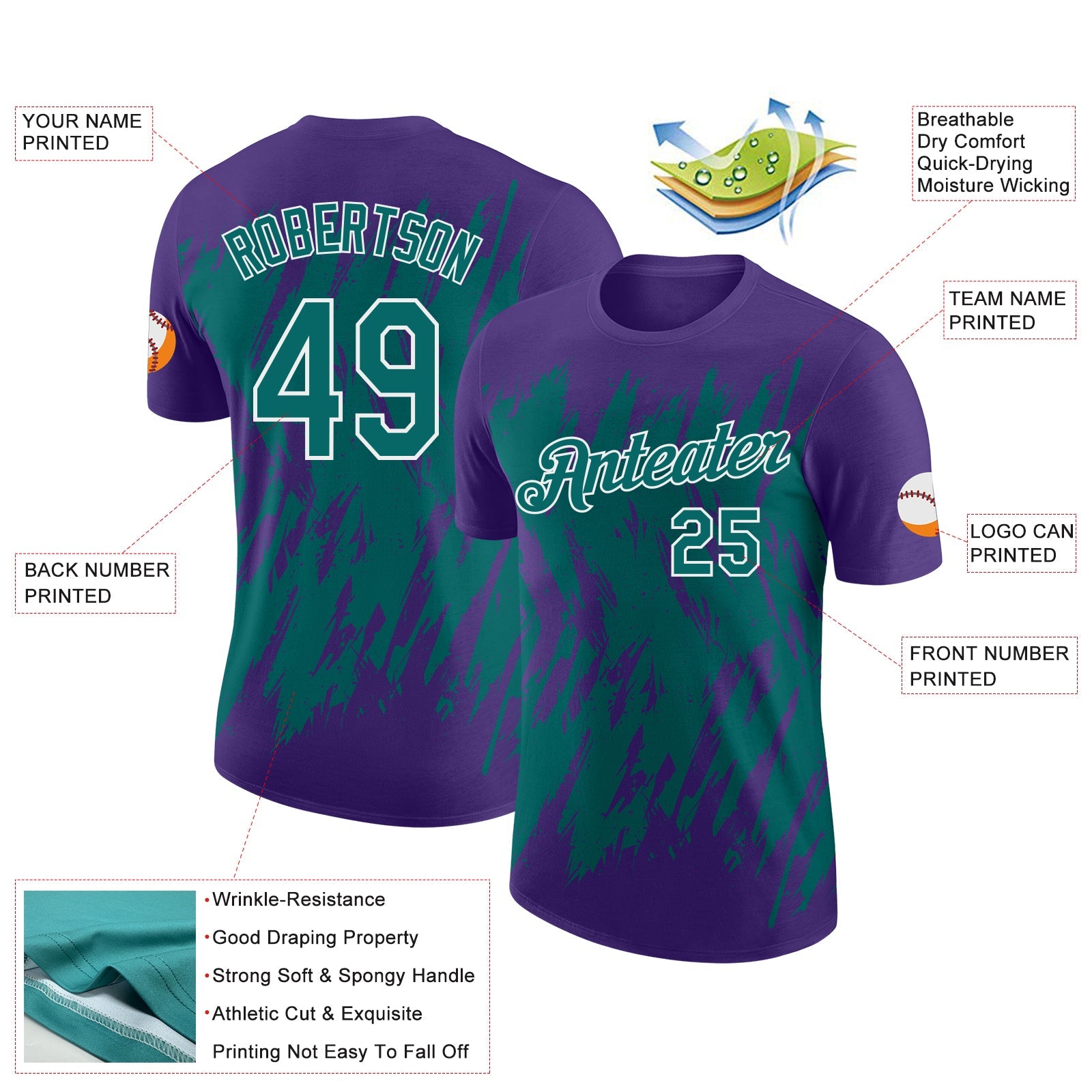 Custom Purple Teal-White Torn Sharp Brush Stroke Splatter Performance T-Shirt