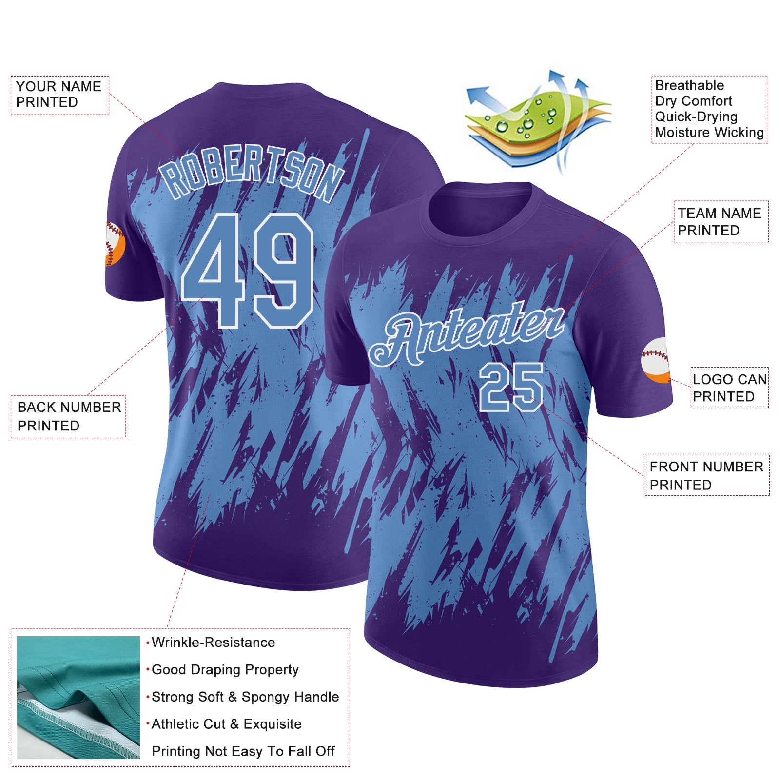 Custom Purple Light Blue-White Torn Sharp Brush Stroke Splatter Performance T-Shirt
