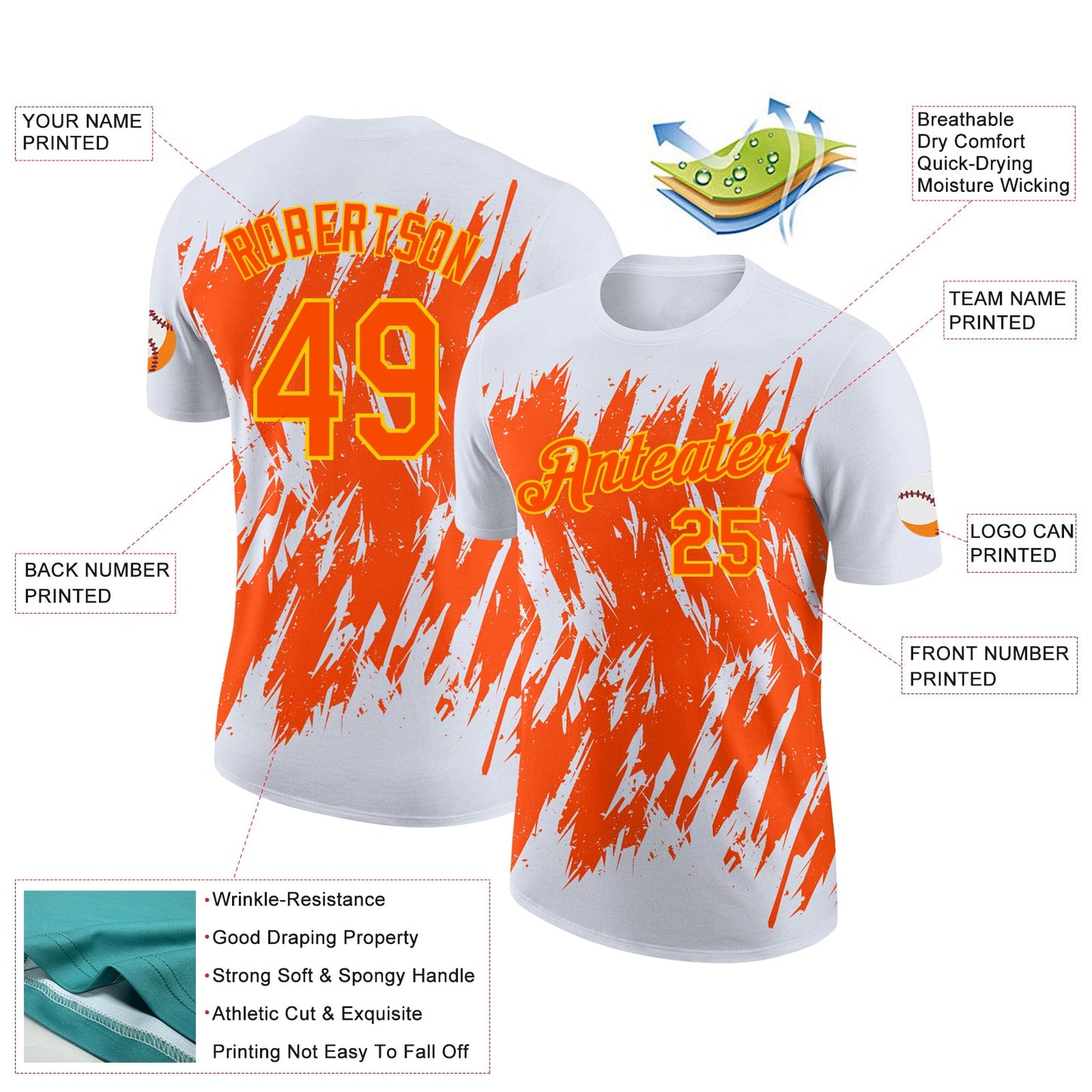 Custom White Orange-Yellow Torn Sharp Brush Stroke Splatter Performance T-Shirt