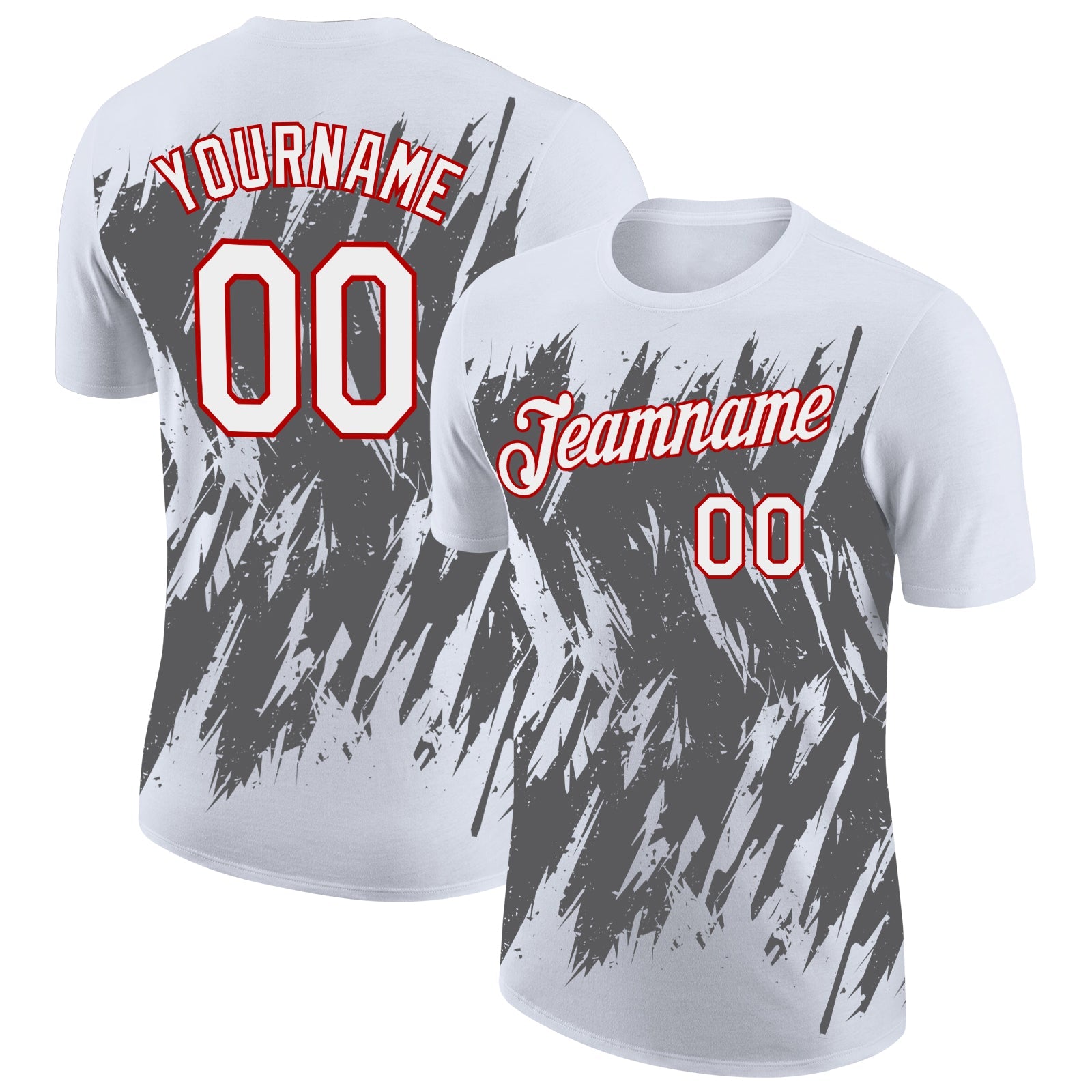 Custom White Steel Gray-Red Torn Sharp Brush Stroke Splatter Performance T-Shirt