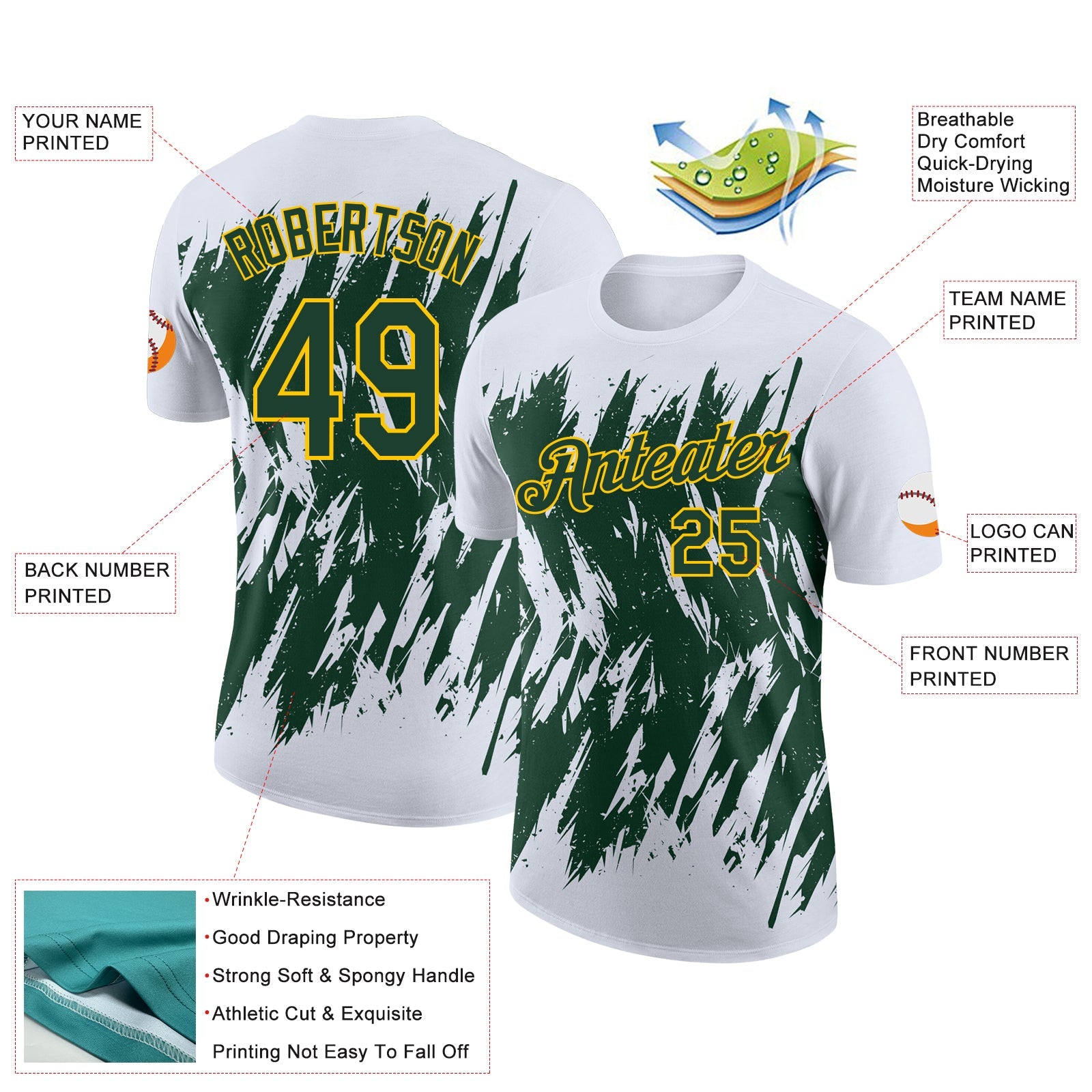 Custom White Green-Yellow Torn Sharp Brush Stroke Splatter Performance T-Shirt