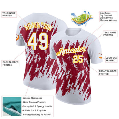 Custom White Crimson-Yellow Torn Sharp Brush Stroke Splatter Performance T-Shirt