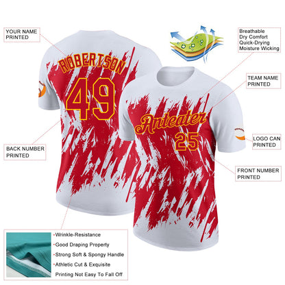 Custom White Red-Yellow Torn Sharp Brush Stroke Splatter Performance T-Shirt