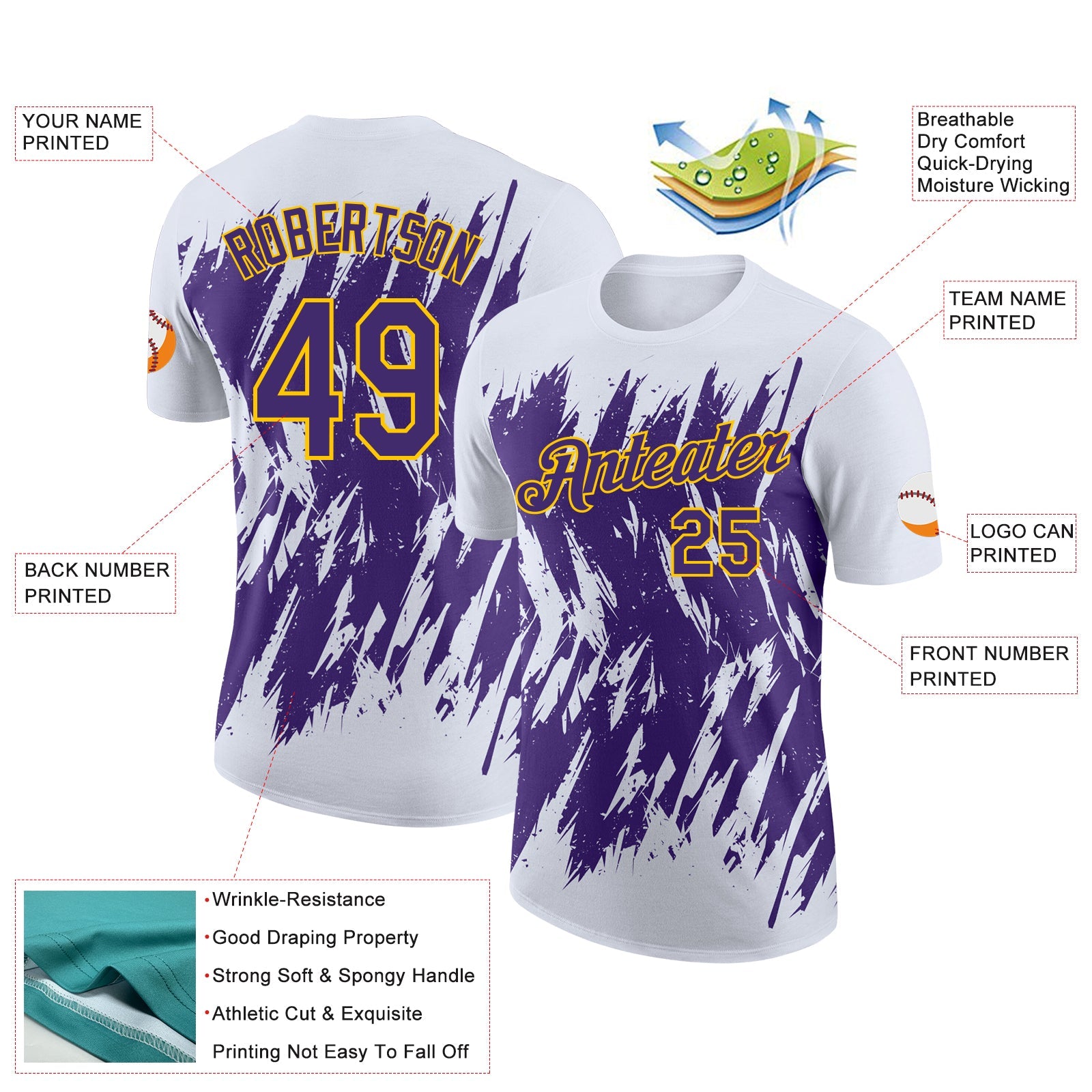 Custom White Purple-Yellow Torn Sharp Brush Stroke Splatter Performance T-Shirt