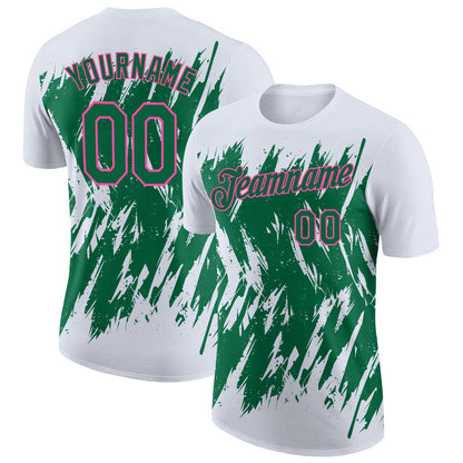 Custom White Kelly Green-Pink Torn Sharp Brush Stroke Splatter Performance T-Shirt