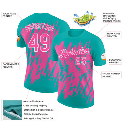 Custom Aqua Pink-White Torn Sharp Brush Stroke Splatter Performance T-Shirt
