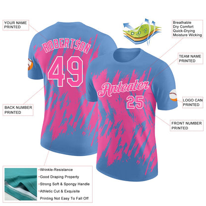 Custom Light Blue Pink-White Torn Sharp Brush Stroke Splatter Performance T-Shirt