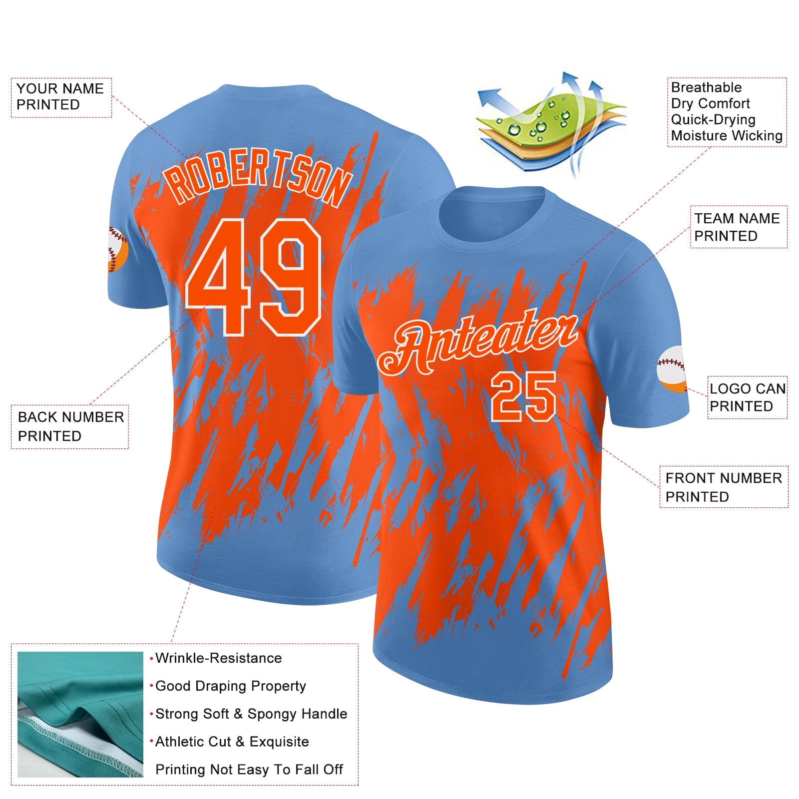 Custom Light Blue Orange-White Torn Sharp Brush Stroke Splatter Performance T-Shirt