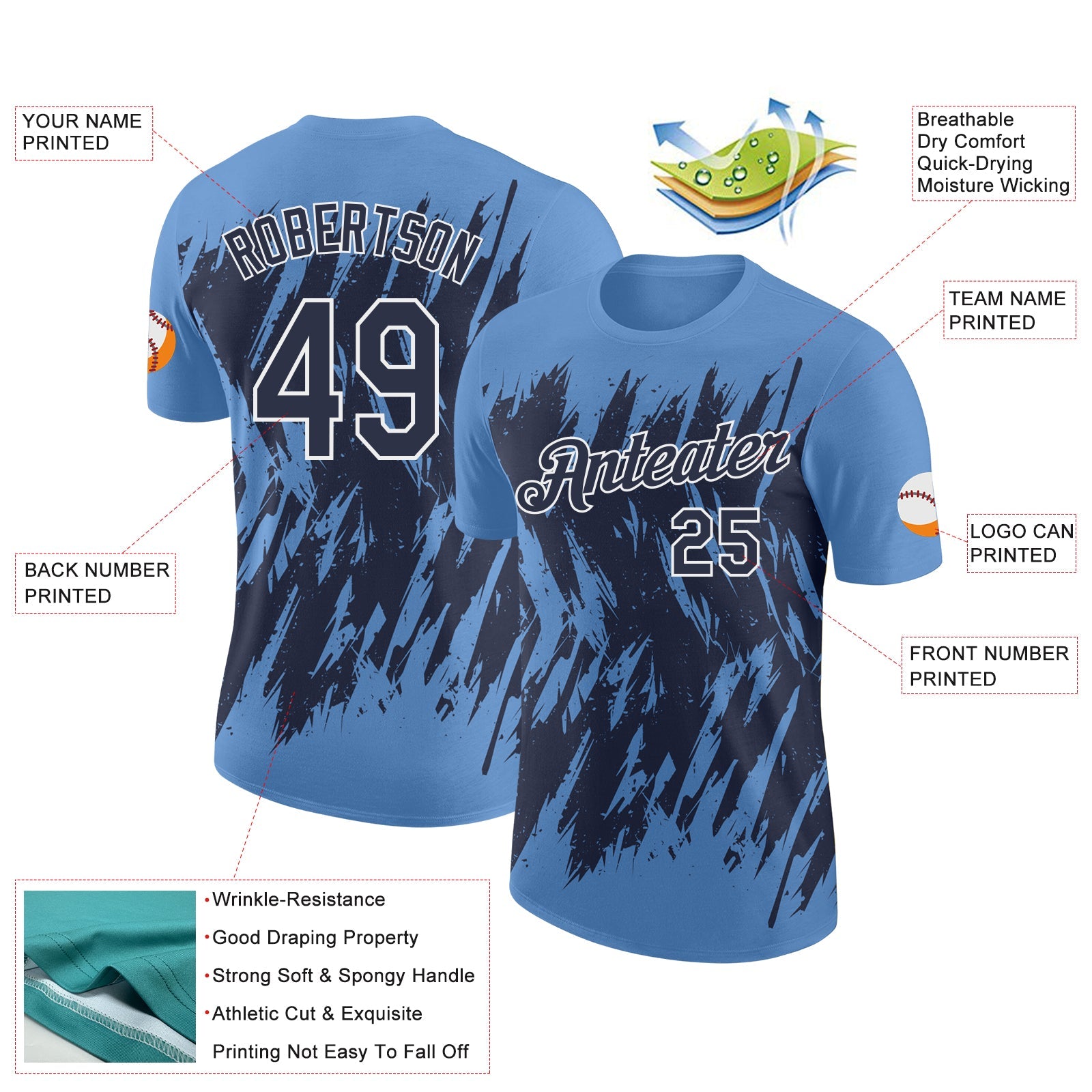 Custom Light Blue Navy-White Torn Sharp Brush Stroke Splatter Performance T-Shirt