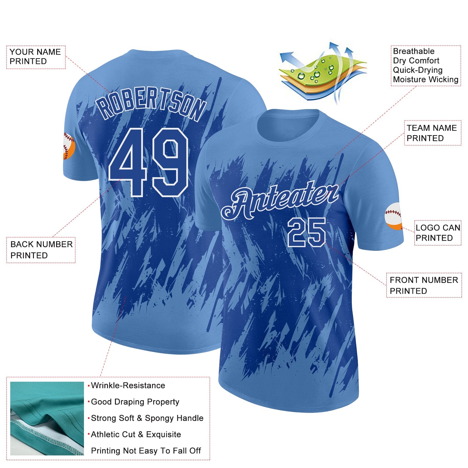 Custom Light Blue Royal-White Torn Sharp Brush Stroke Splatter Performance T-Shirt