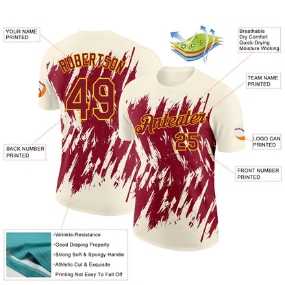 Custom Cream Crimson-Yellow Torn Sharp Brush Stroke Splatter Performance T-Shirt