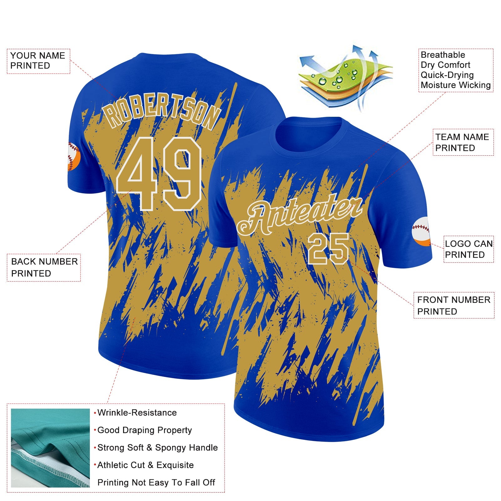 Custom Thunder Blue Old Gold-White Torn Sharp Brush Stroke Splatter Performance T-Shirt
